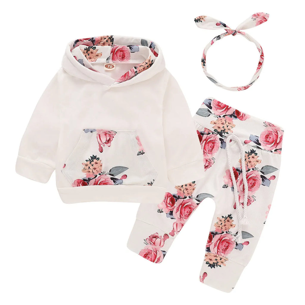 White newborn baby girl cotton hooded all-in-one suit with long sleeves and trouser legs