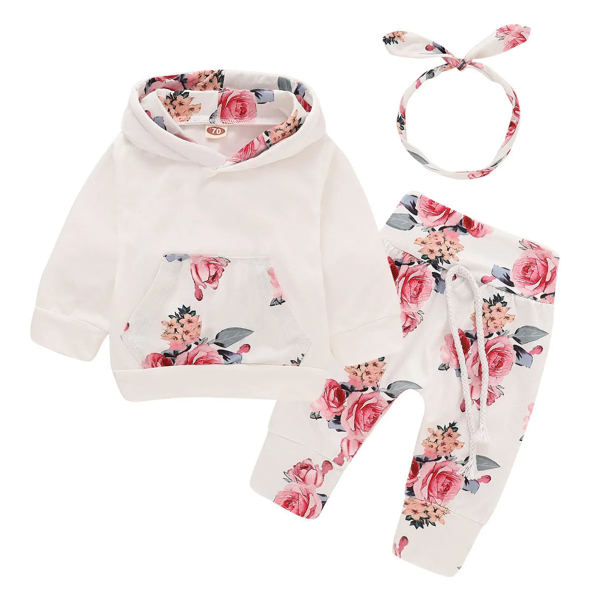 White newborn baby girl cotton hooded all-in-one suit with long sleeves and trouser legs