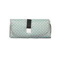 Portable baby diaper changing mat in yellow geometric pattern, 70x50cm, with toy ring and wrist strap unfolded on floor