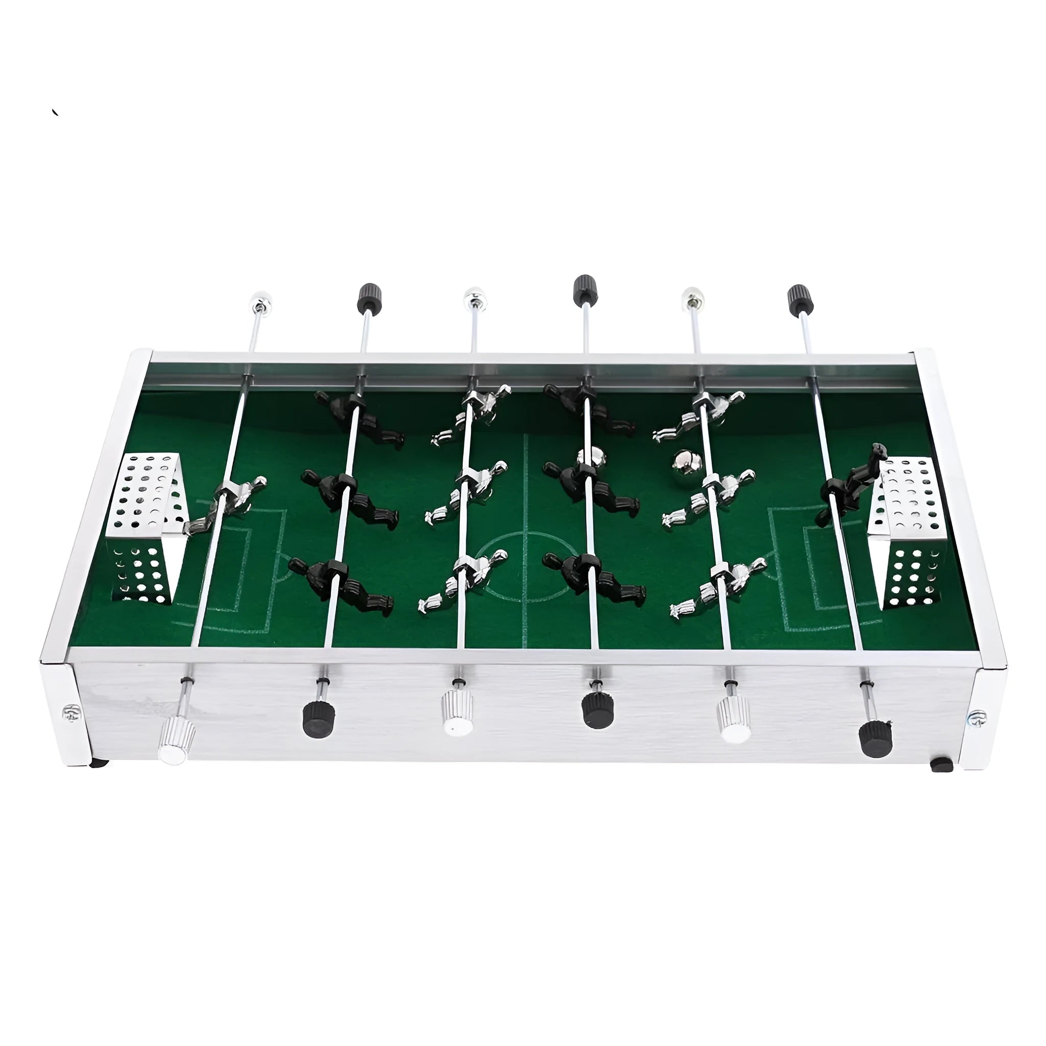 Aluminium alloy mini foosball table game with 2 footballs measuring 20.5 x 11.5 x 3cm