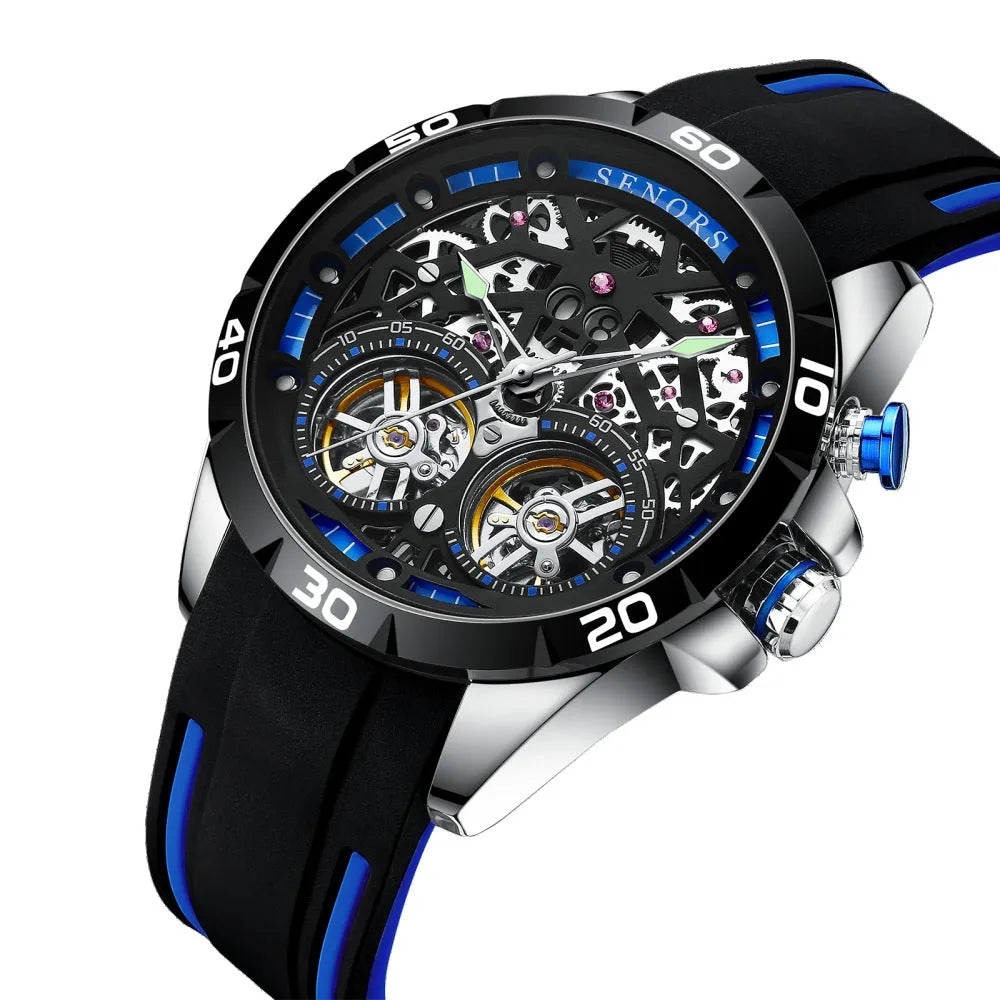 Automatic mechanical men's skeleton watch with luminous hands on a steel strap, red dial variant.