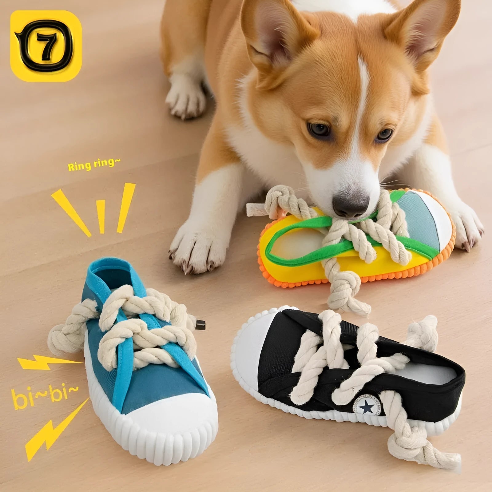 A rock yellow plastic dog chew toy shaped like a slipper, designed for biting and making sound.