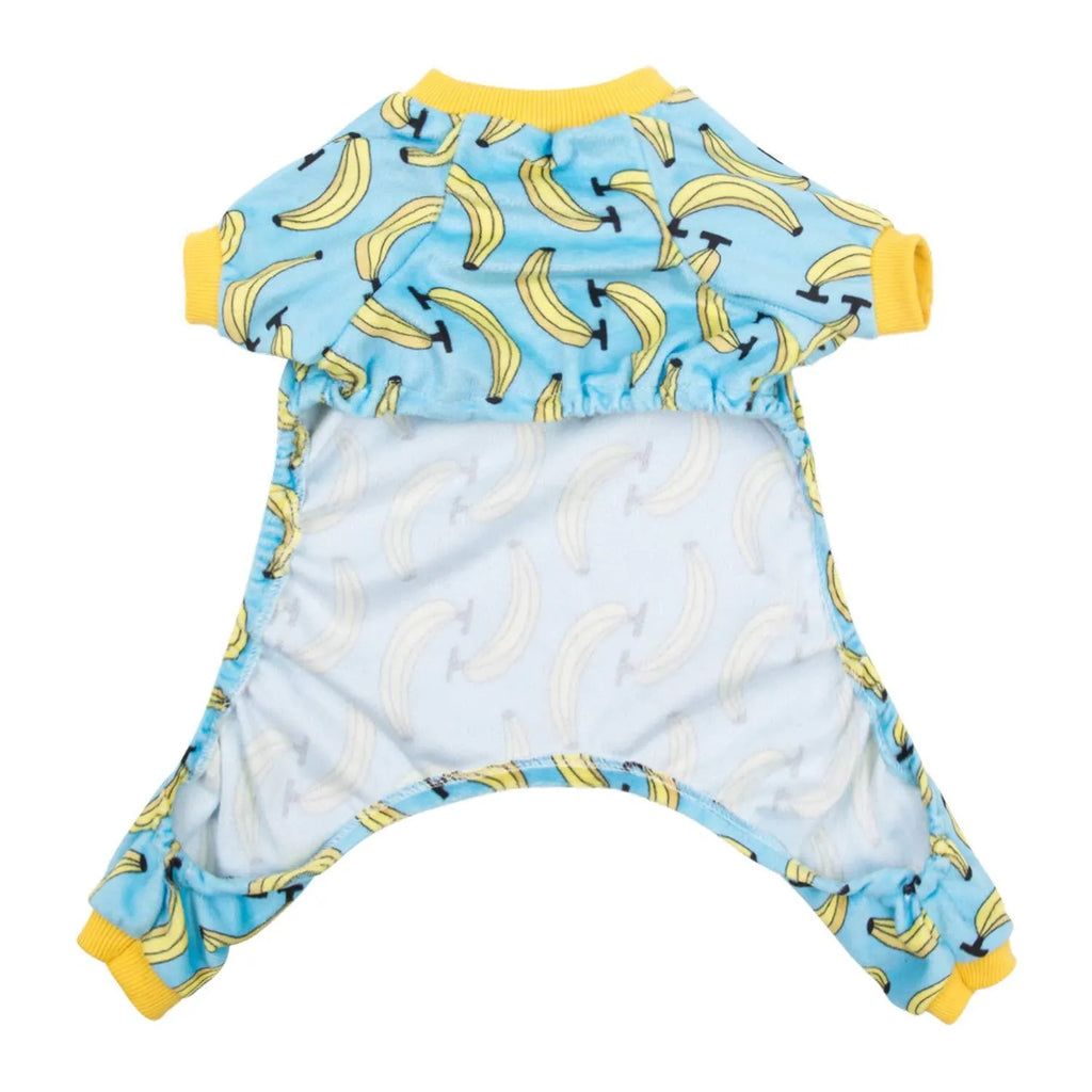 Polyester four-legs pet dog pajamas in Blue banana print, sizes XS to L, with cm measurements for collar, bust, and back length