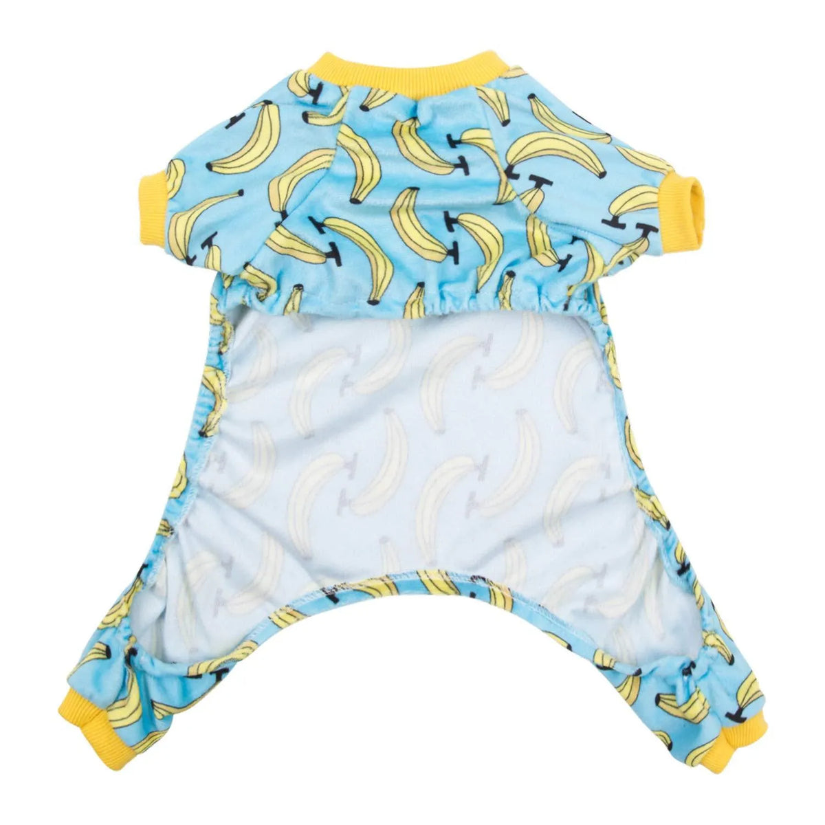 Polyester four-legs pet dog pajamas in Blue banana print, sizes XS to L, with cm measurements for collar, bust, and back length