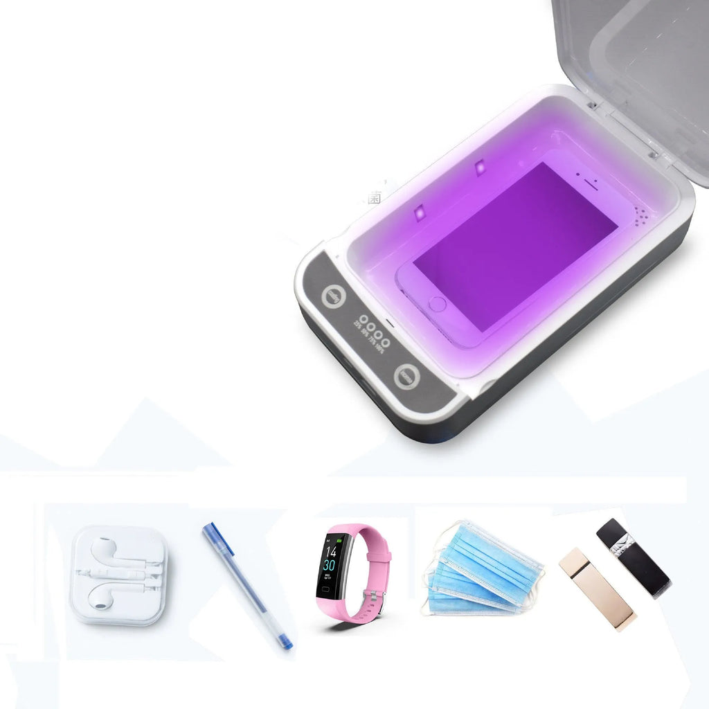 UV disinfection box with USB port, showing internal chamber for a mobile phone.
