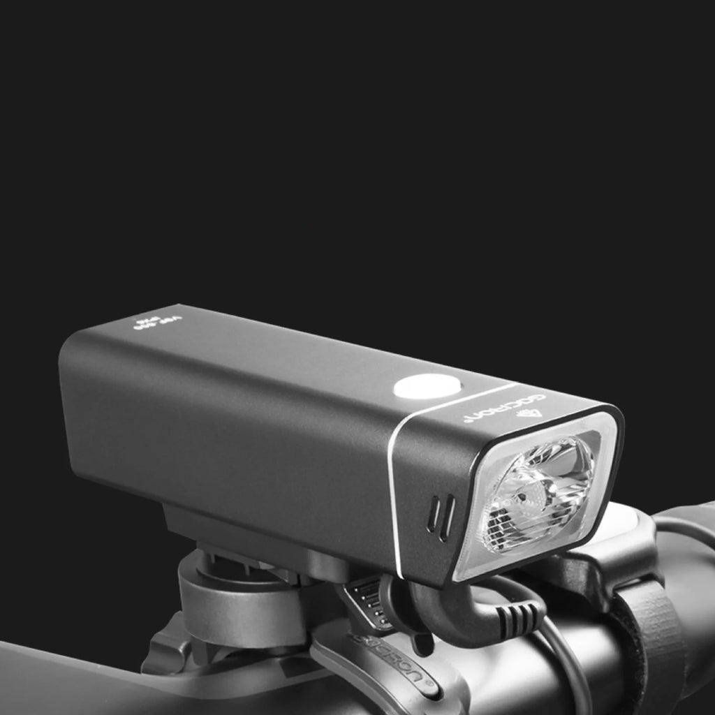 Black aluminium bicycle headlight with CREE XPG3 LED and IPX6 waterproof rating