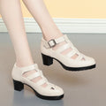 Beige women's closed toe sandals with a chunky heel, woven hollowed upper, and ankle strap buckle.