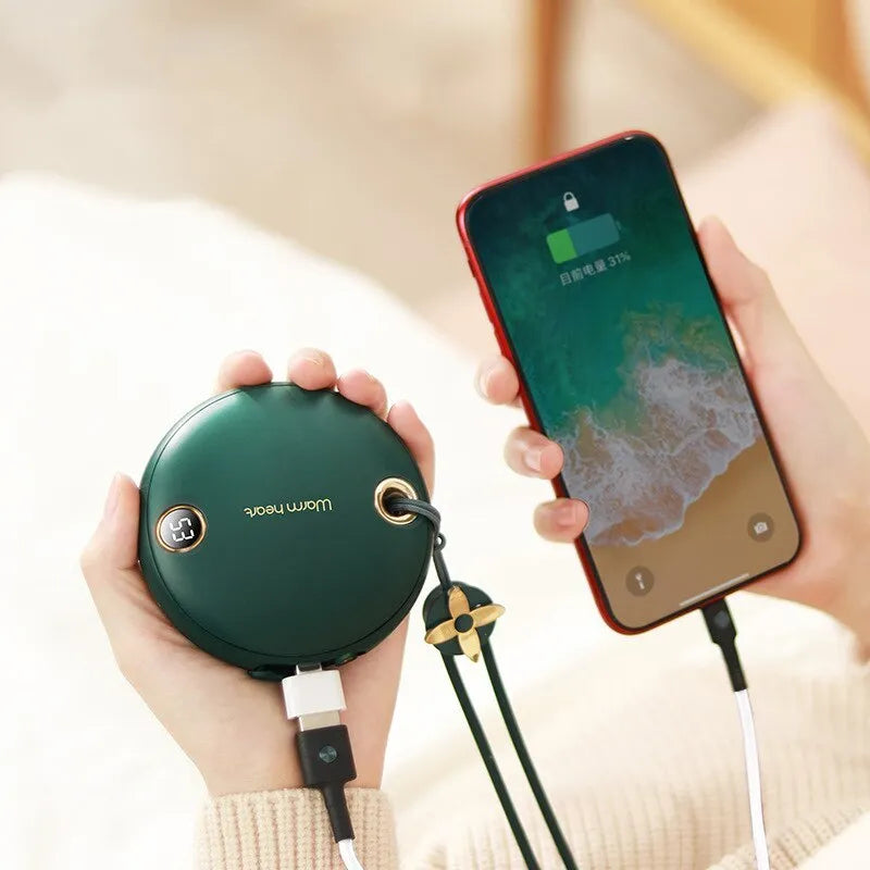 Green pink or white square power bank hand warmer with digital display showing battery percentage