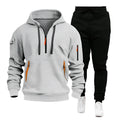 Men's polyester tracksuit set with hooded zipper top and multiple pockets in khaki black