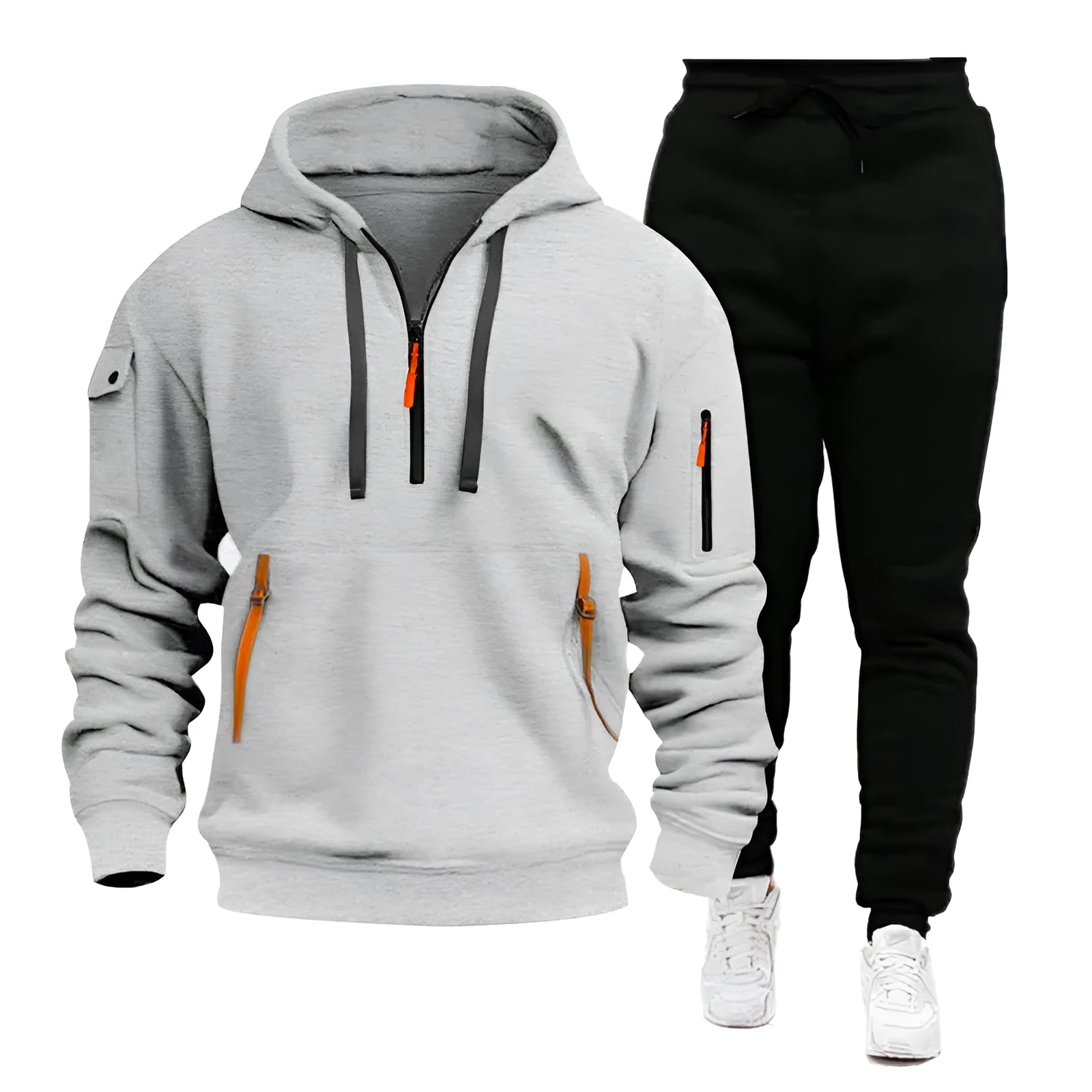 Men's polyester tracksuit set with hooded zipper top and multiple pockets in khaki black