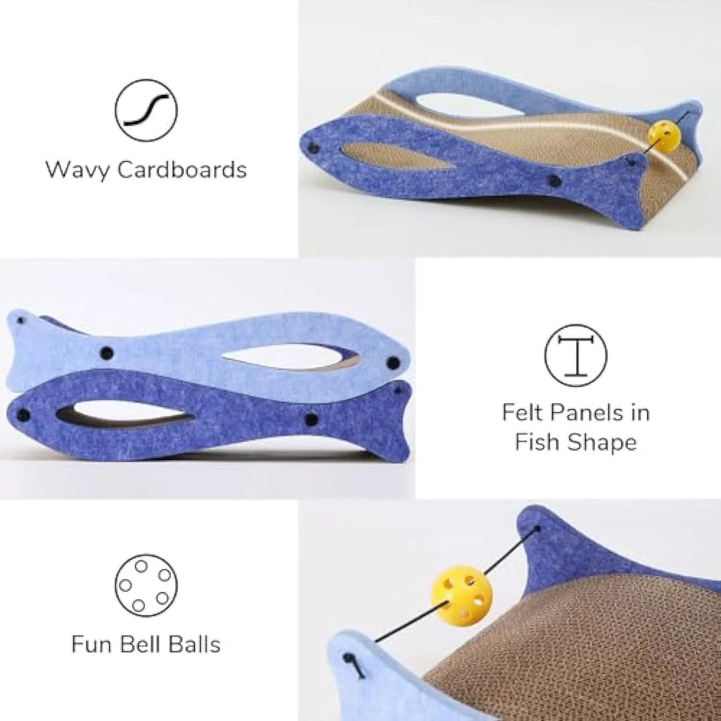 Blue fish-shaped cardboard cat scratcher with a wavy lounge surface and a red bell toy on a string.