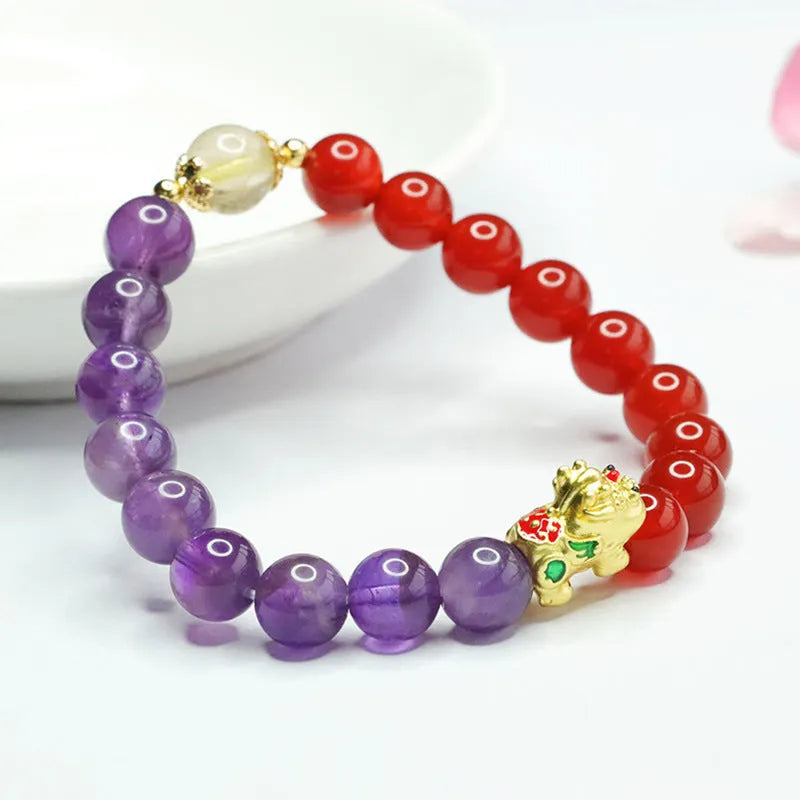 Women's bracelet with purple amethyst and red agate beads in a Chinese style, 8mm bead size.