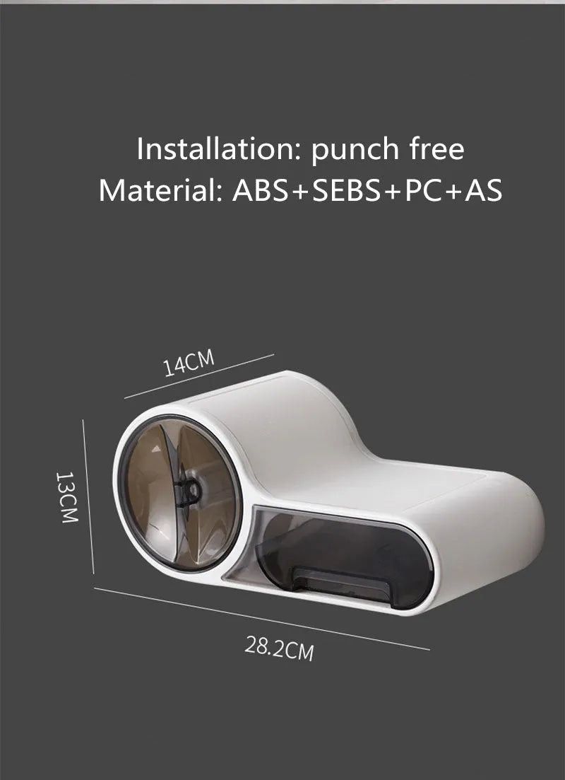White plastic bathroom roll holder with a streamline curve design on a bathroom surface.