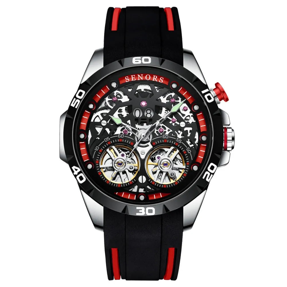 Automatic mechanical men's skeleton watch with luminous hands on a steel strap, red dial variant.