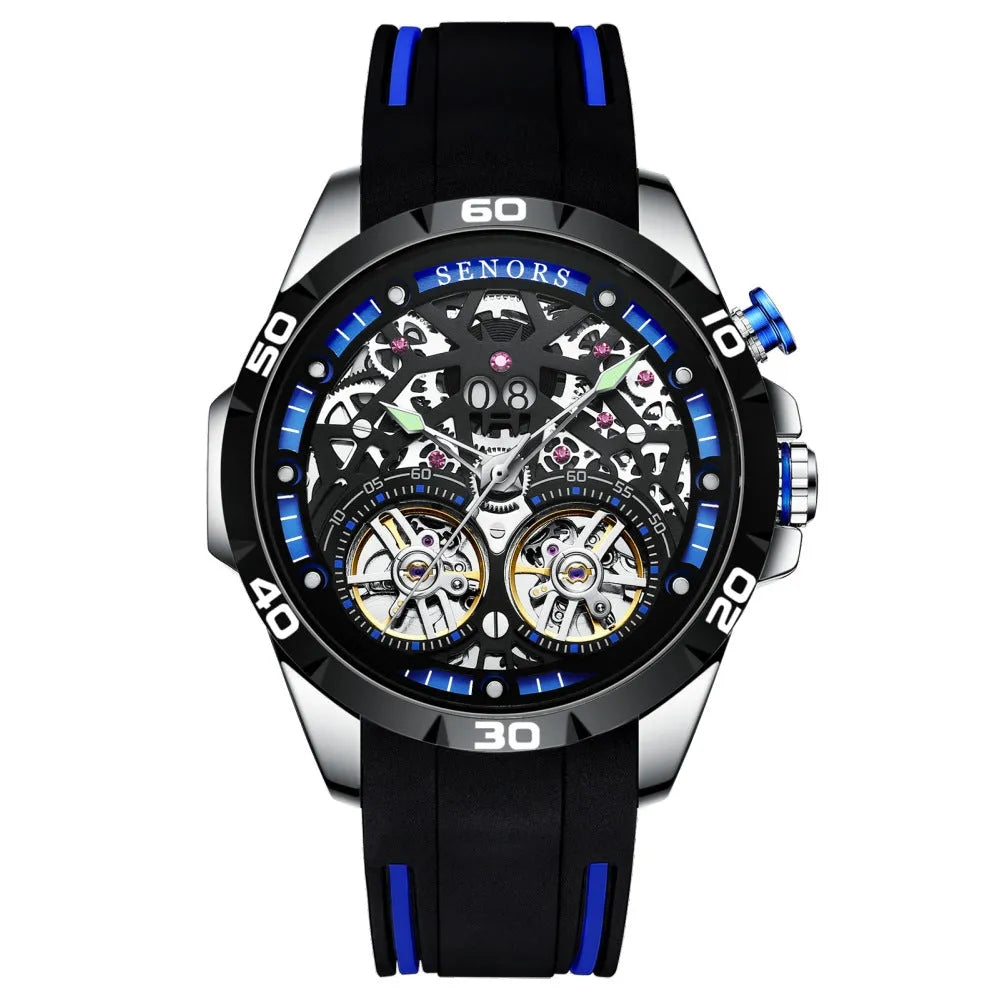 Automatic mechanical men's skeleton watch with luminous hands on a steel strap, red dial variant.