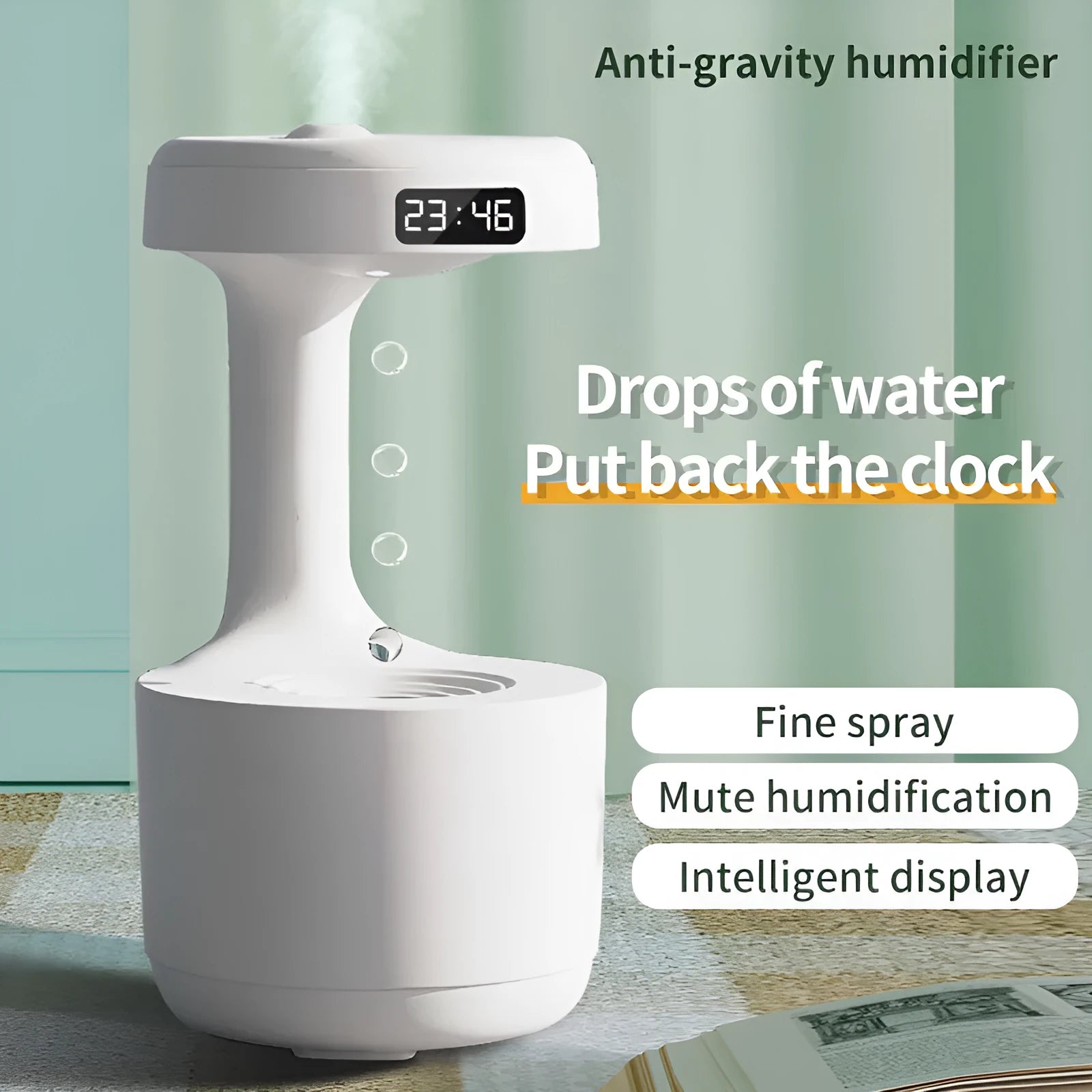 White columnar anti-gravity humidifier with LED clock display emitting mist on a wooden desk.