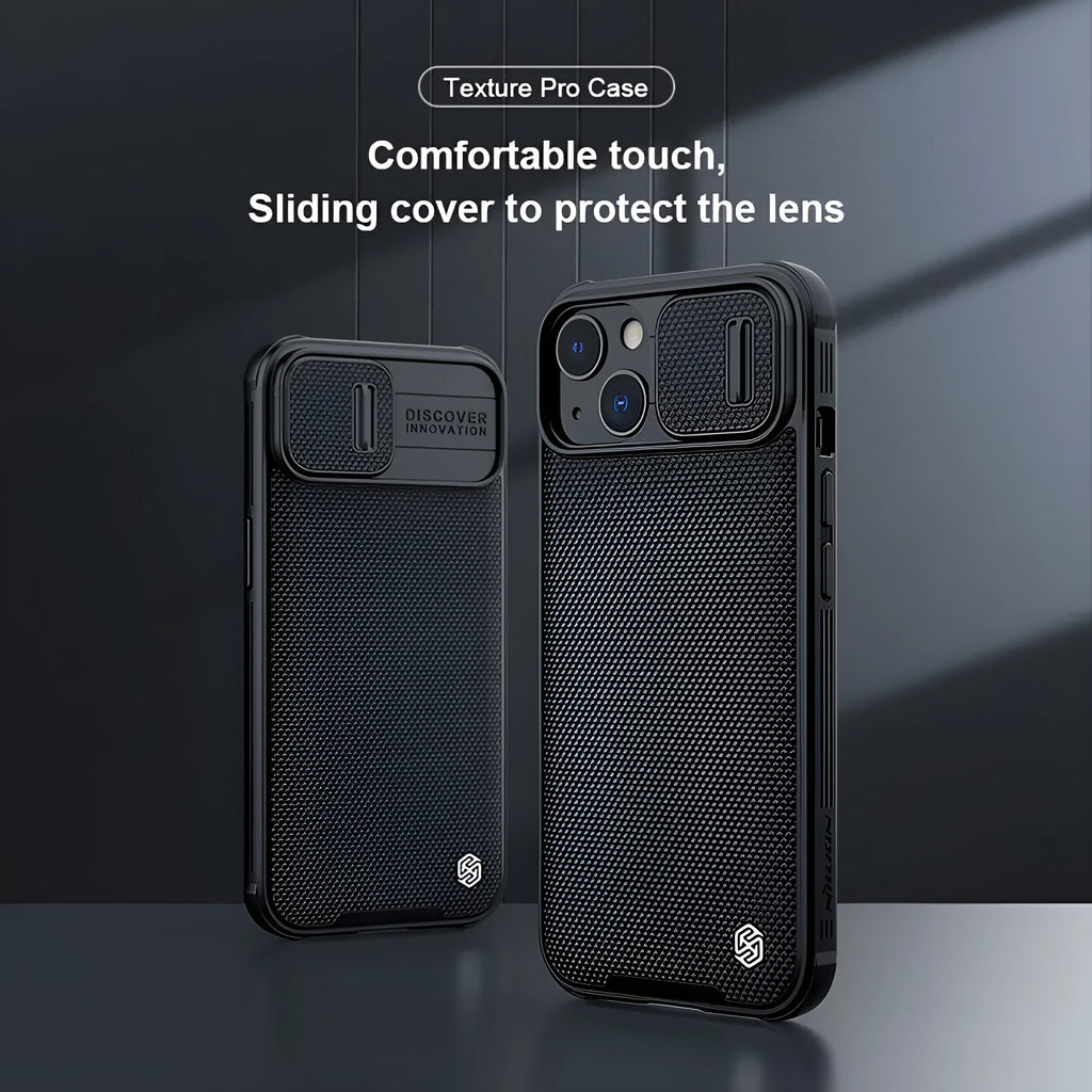 Black textured sliding phone case for Apple iPhone 13 Pro Max, shown from the back.