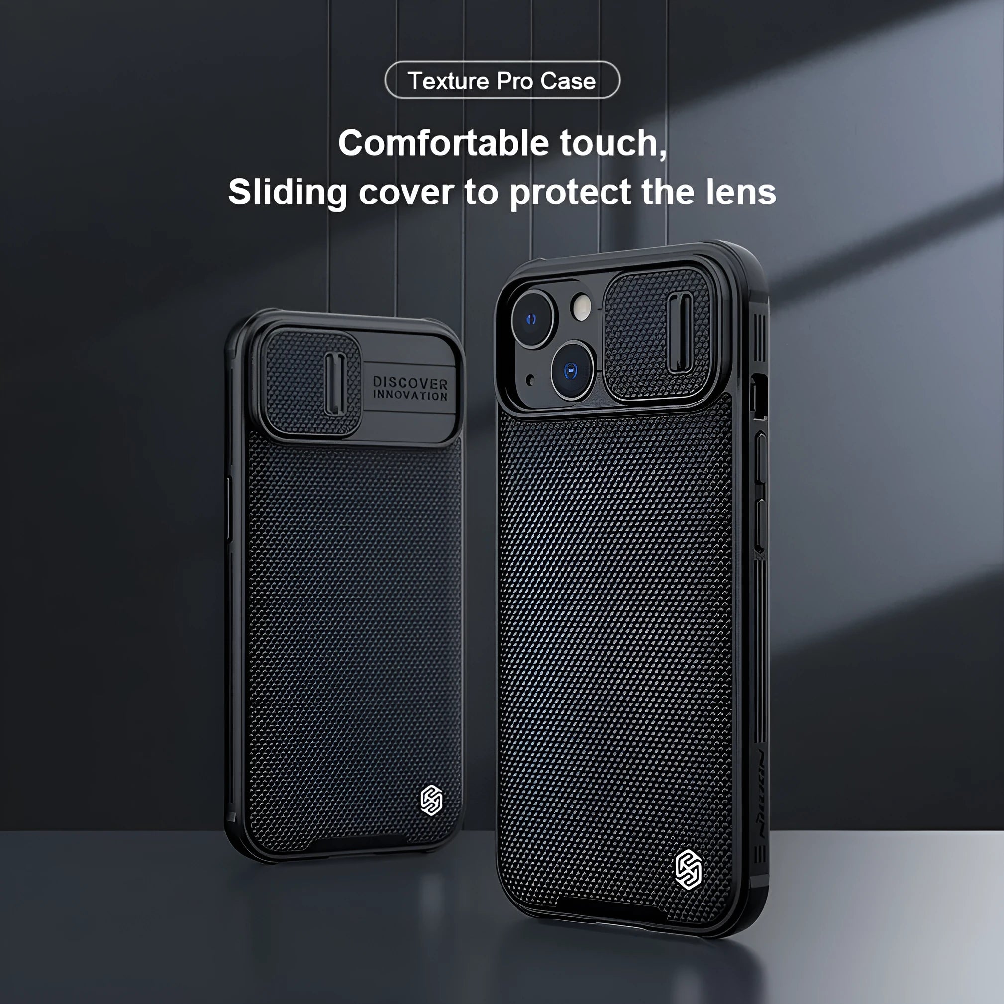 Black textured sliding phone case for Apple iPhone 13 Pro Max, shown from the back.