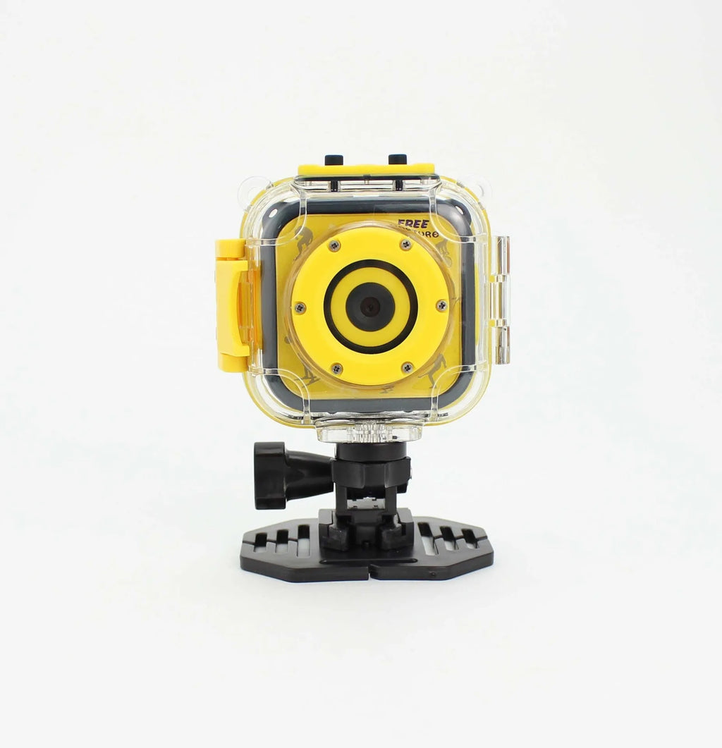 Yellow children's waterproof sports camera with 1.77-inch screen showing video playback