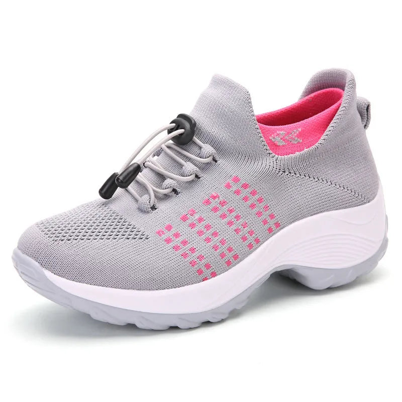 Women's breathable mesh socks running shoes flat round toe cross strap colour block casual