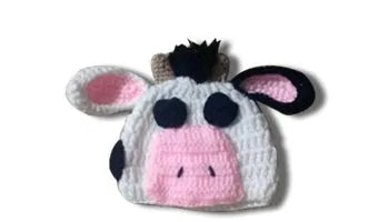 Hand-knitted white newborn cow suit with matching hat and pants for 0-3 month infants