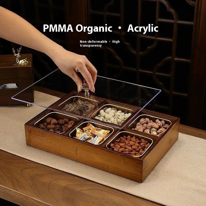 Transparent acrylic dried fruit box with solid wood lid and hammer pattern design