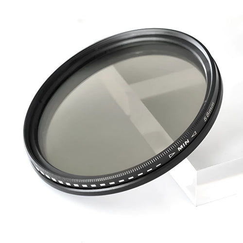 Multi-diameter neutral density camera filter with metal ring and optical glass for exposure control