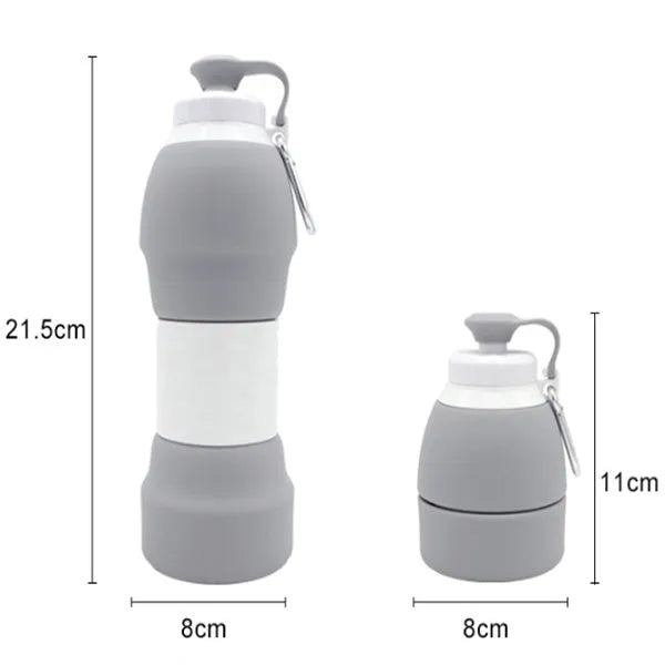 Blue silicone folding water bottle shown both fully expanded and folded to half its height
