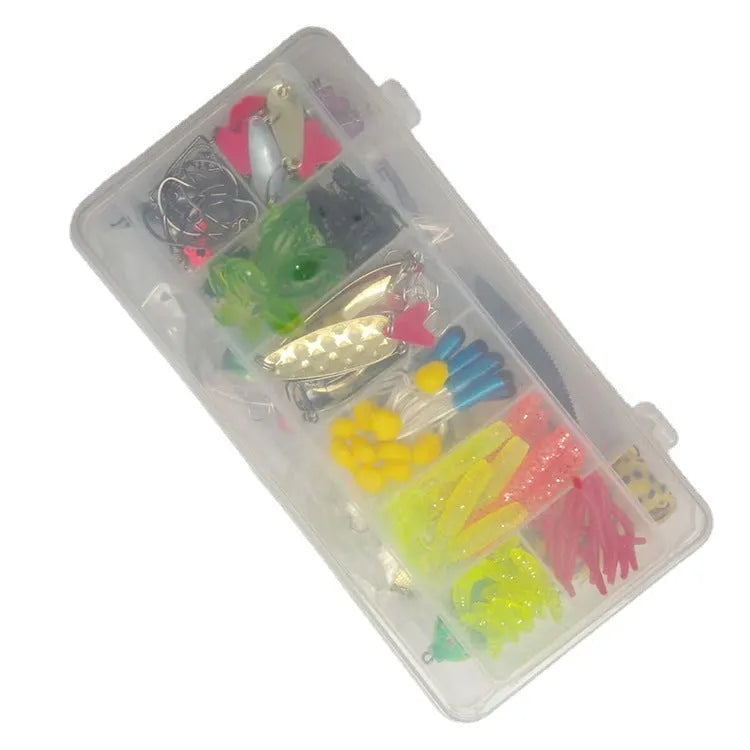 142-piece fishing lure suit with assorted hard mino sequin lures, superbait designs, and metal fishing pliers.