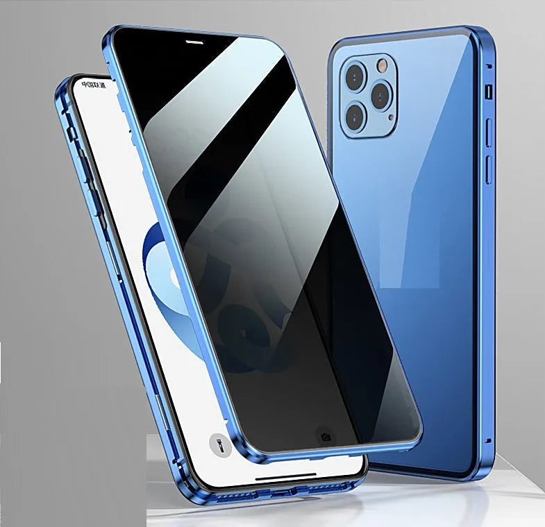Gold magnetic clamshell privacy phone case with tempered glass protectors shown next to an iPhone