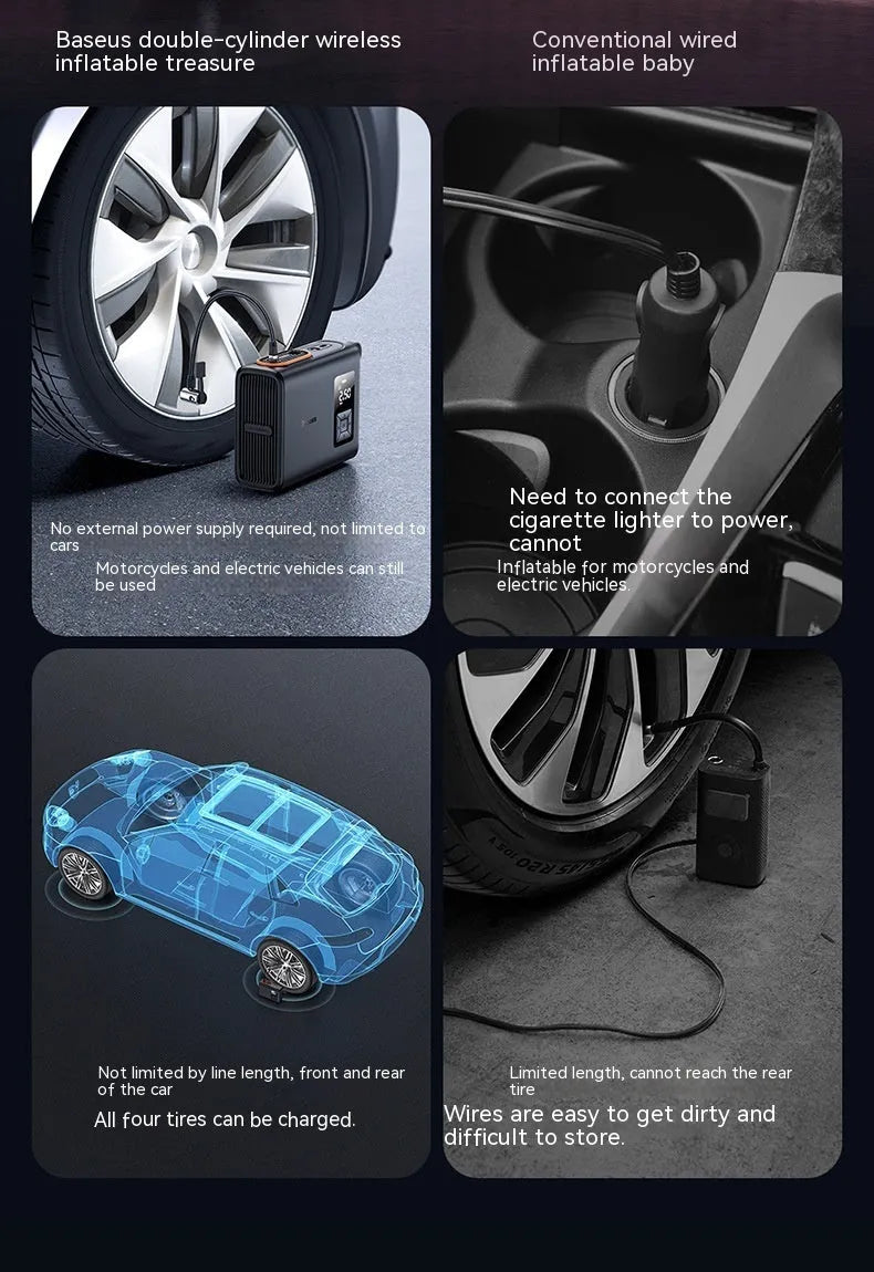 Black portable wireless car tyre electric inflator pump with LED light and digital display.