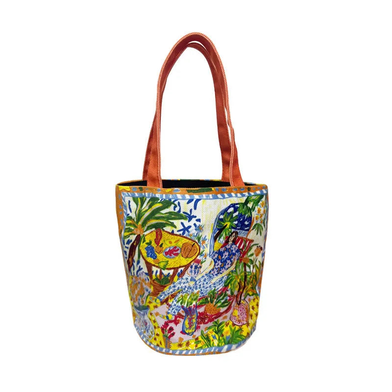 Dream Garden Orange plush canvas bucket bag with double shoulder straps and artistic letter printing