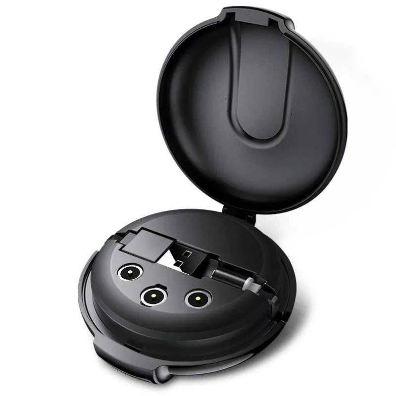 Black 3-in-1 magnetic retractable style charger with car mounting patch and three phone plugs