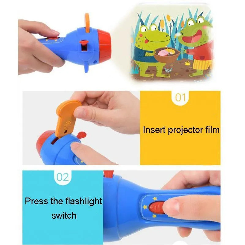 SmartKids storybook projector torch with four fairy tale discs projecting images on wall