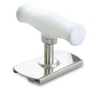 White adjustable stainless steel bottle cap opener with gear mechanism and textured handle.