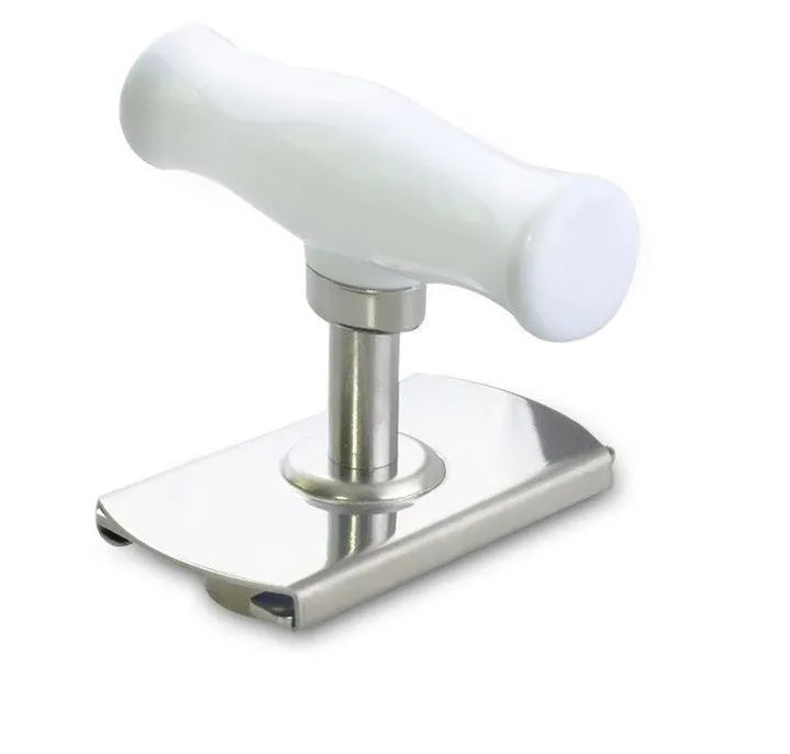 White adjustable stainless steel bottle cap opener with gear mechanism and textured handle.
