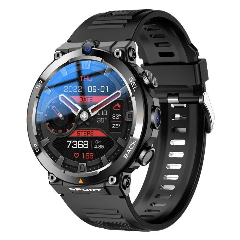 Multi-functional sports smartwatch with dual cameras on the wrist, showing a TFT touch screen display.