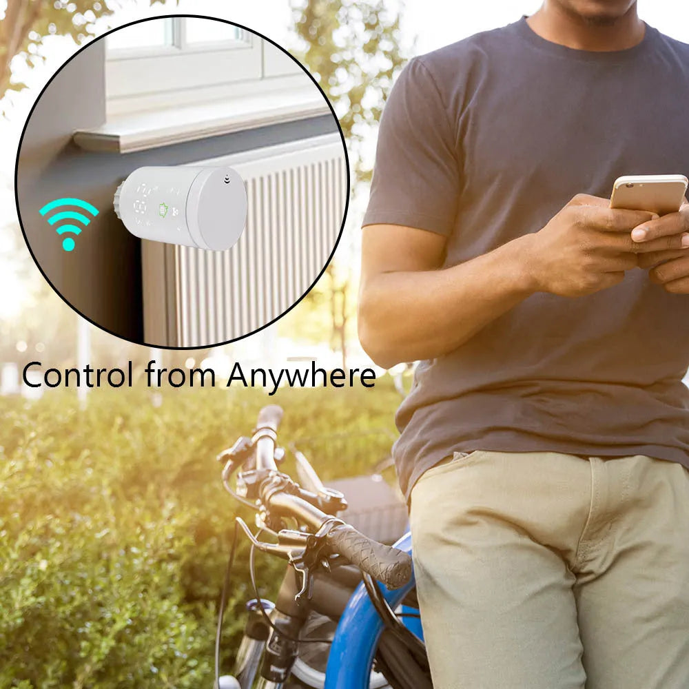White smart radiator thermostat with digital display and M30 x 1.5 thread, beside Wi-Fi gateway hub