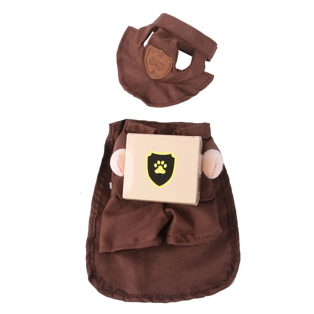 Coffee-coloured pet courier uniform costume for dogs or cats, shown in a standing style.