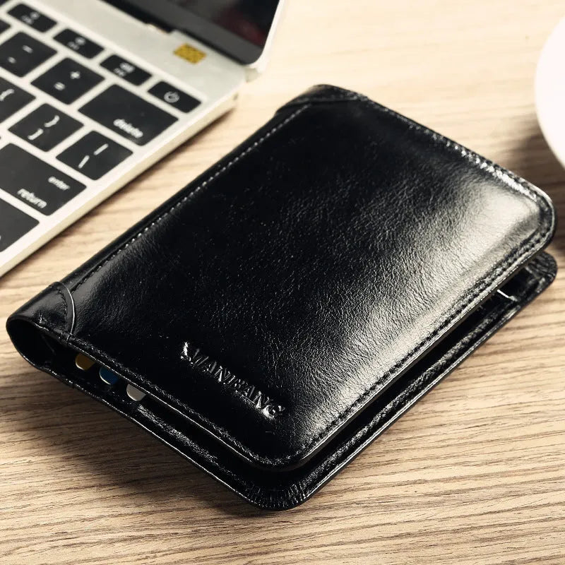Men's black leather RFID blocking wallet open to show card slots, ID window, and coin pocket.
