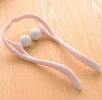 Plastic hand roller neck massager with adjustable stand in pink, blue, and green colours.