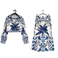 Early spring casual fashion set with long sleeve blouse and long skirt in picture colour