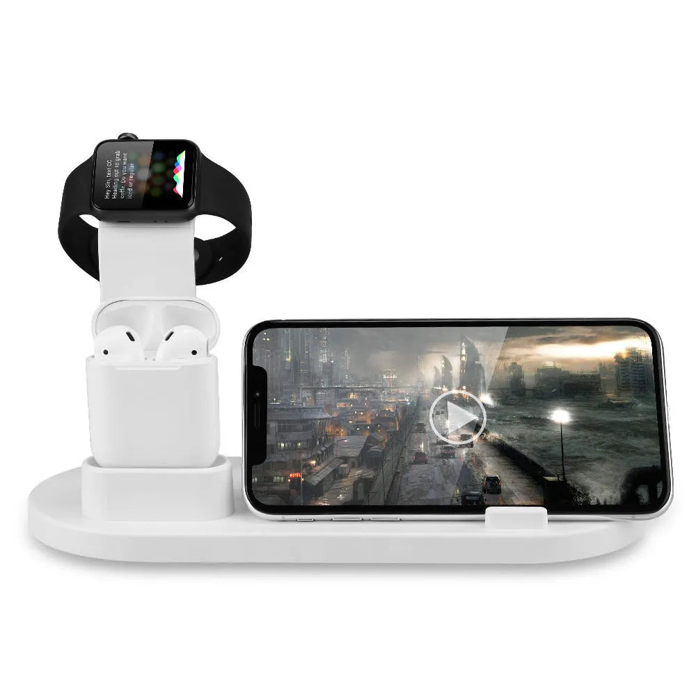 White headphone charging stand with three USB charging ports for wireless headphones