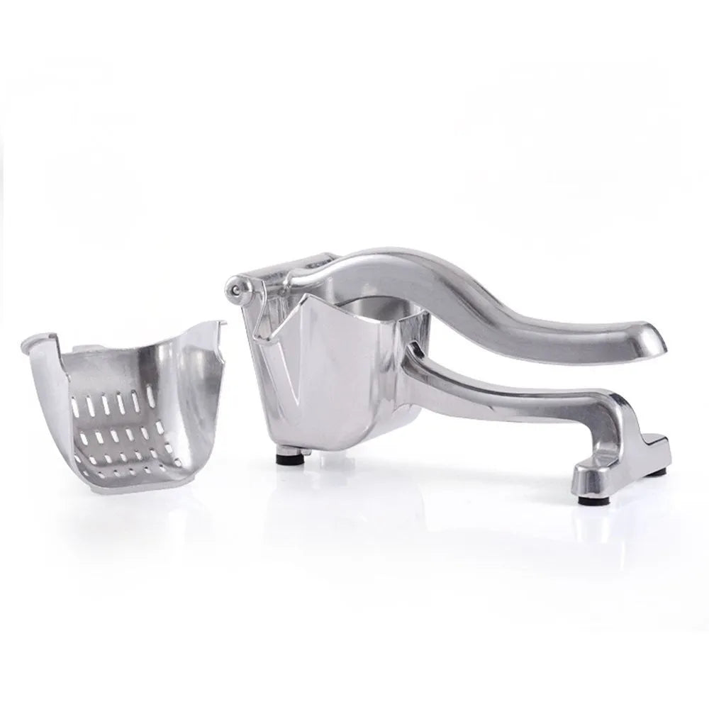 Silver heavy duty aluminium lemon squeezer with large bowl and steel lever on a kitchen counter.