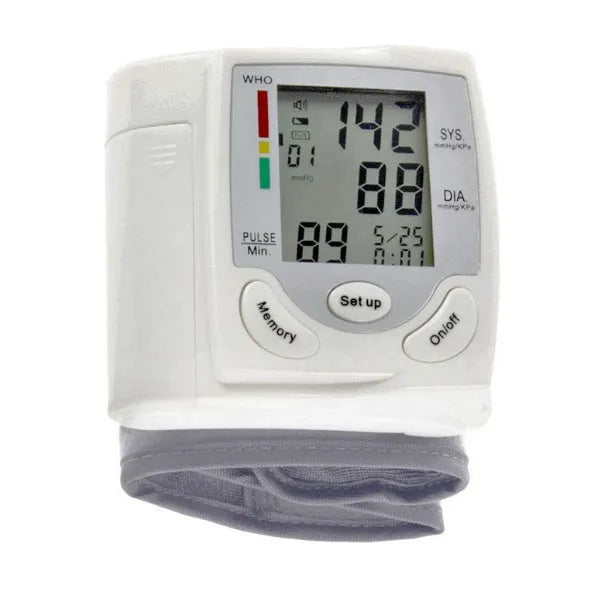 Grey wrist blood pressure monitor with compact rectangular design and display screen