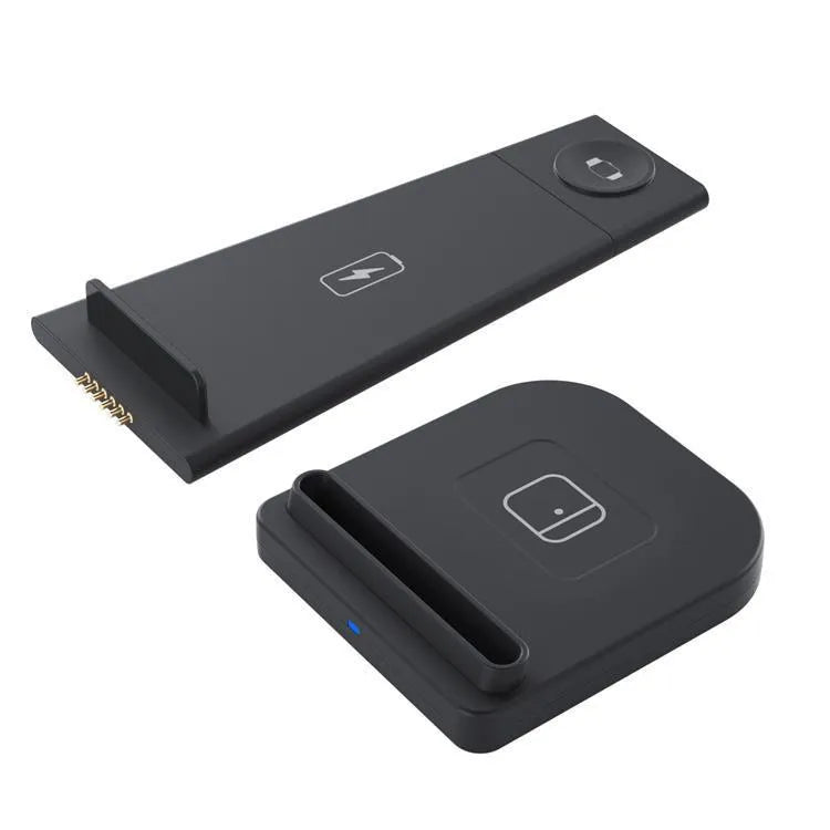 Black foldable 3-in-1 wireless charger for phone, watch and headphones showing compact size