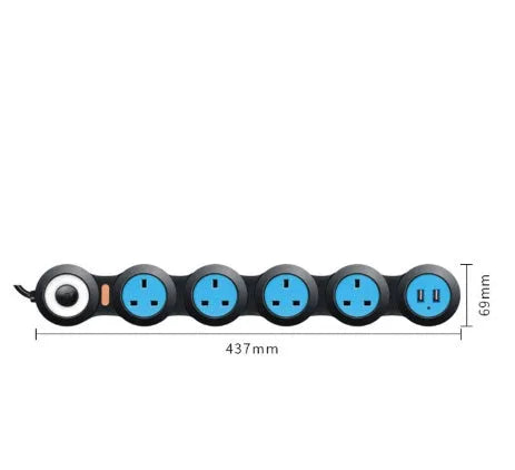 UK standard white and black power strip with five outlets, two USB ports, rotating tow board, and 4m cable