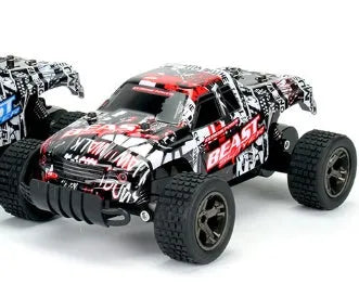 Blue 1:18 scale remote control drift car with 2.4GHz transmitter on a hard surface