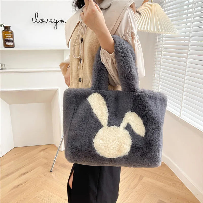 Cartoon rabbit ears plush shoulder shopping bag in solid colour with large capacity