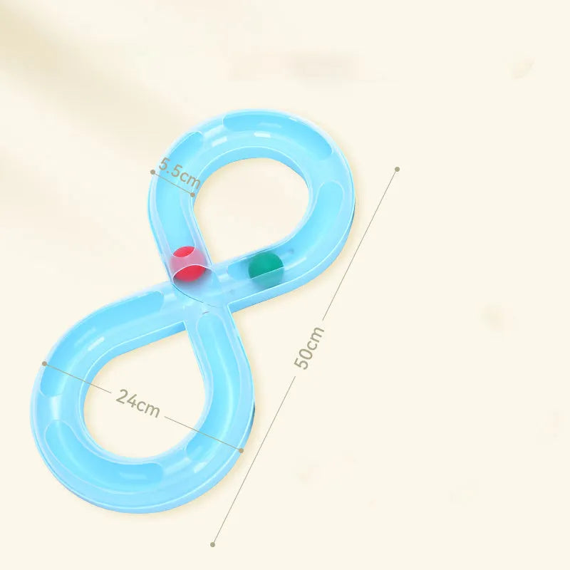 Cat toy set with turntable track ball amusement centre and teasing cat stick on blue background